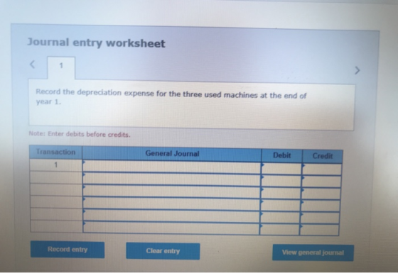 Journal entry worksheet < Record the depreciation expense for the three used machines at the end of year 1 Note: Enter debits