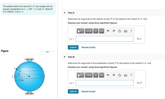 The sphere starts from rest at 0 = 0° and rotates with an angular acceleration of a = (40 + 1) rad/s, where is in radians. (