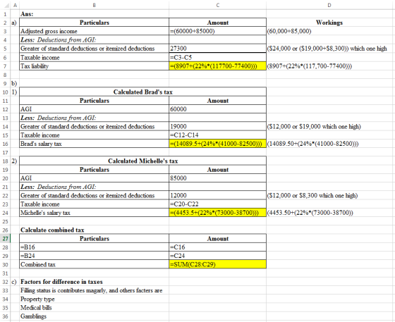 Workings Amount =(60000+85000) (60.000+85,000) Ans: Particulars Adjusted gross income Less: Deductions from AGI: Greater of s
