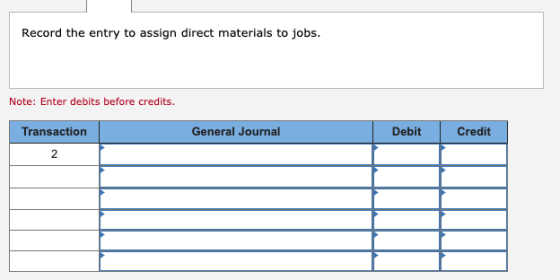 Record the entry to assign direct materials to jobs. Note: Enter debits before credits. Transaction General Journal Debit Cre