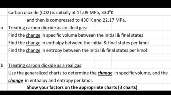 Carbon dioxide (CO2) is initially at 11.09 MPa, 3300K and then is compressed to 430°K and 22.17 MPa. a Treating carbon dioxid