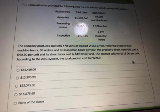 CCL Corporation has provided the following data from its activity-based costing (ABC System Activity Pool Total Cost Total Ac