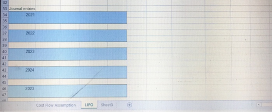 32 33 Journal entries 34 2021 35 36 37 2022 38 39 40 2023 41 42 43 2024 45 2023 47 АО Cost Flow Assumption LIFO Sheet3