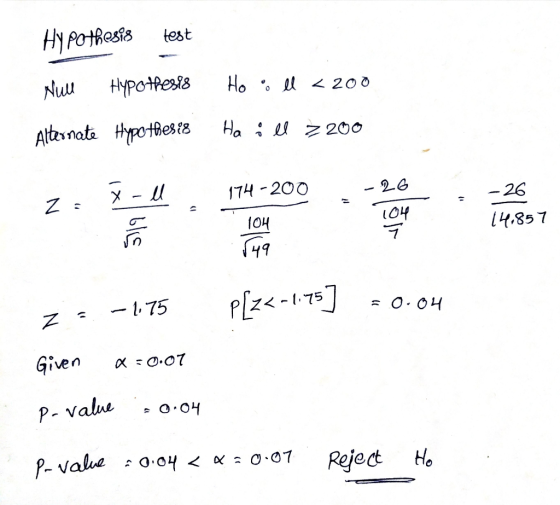 ei8 test Nuu Hypotfess Ho.。//<200 174 -20O -2.6 26 10H 104 75 iven α:0.0て P- value Reject Ha