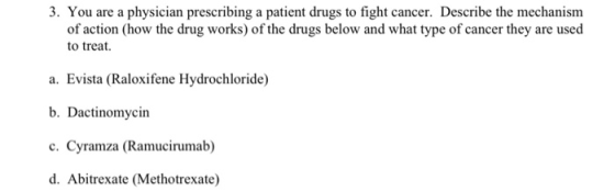 3. You are a physician prescribing a patient drugs to fight cancer. Describe the mechanism of action (how the drug works) of