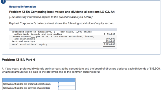 Required information Problem 13-5A Computing book values and dividend allocations LO C2, A4 (The following information applie