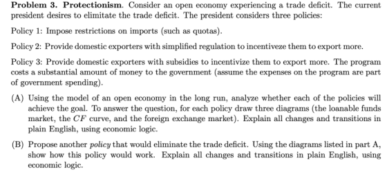 Problem 3. Protectionism. Consider an open economy experiencing a trade deficit. The current president desires to elimitate t
