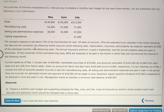 Cash Budget The controller of Sonoma Housewares Inc. instructs you to prepare a monthly cash budget for the next three months