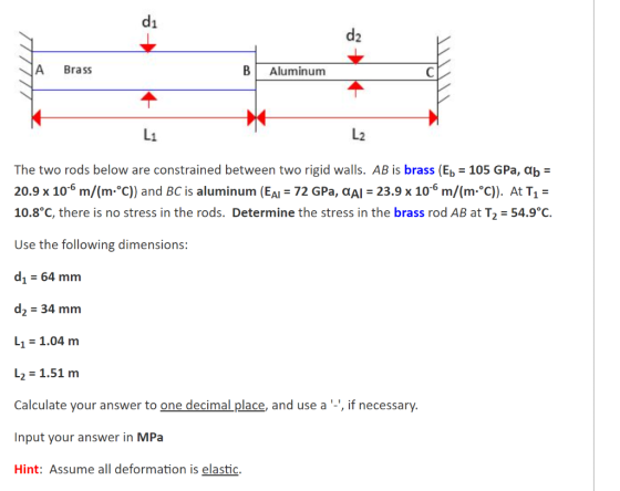 di d2 A Brass B Aluminum It Li L2 The two rods below are constrained between two rigid walls. AB is brass (Ep = 105 GPa, ab =