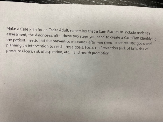 Make a Care Plan for an Older Adult, remember that a Care Plan must include patients assessment, the diagnoses, after these
