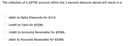 The collection of a $5700 account within the 2 percent discount period will result in a O debit to Sales Discounts for $114.