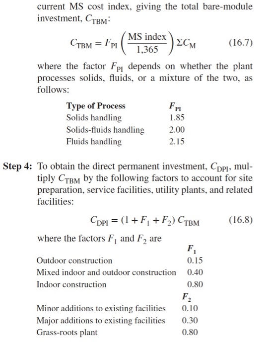current MS cost index, giving the total bare-module investment, CTBM MS index ΣCM CTBM FPI (16.7) 1,365 where the factor Fpi