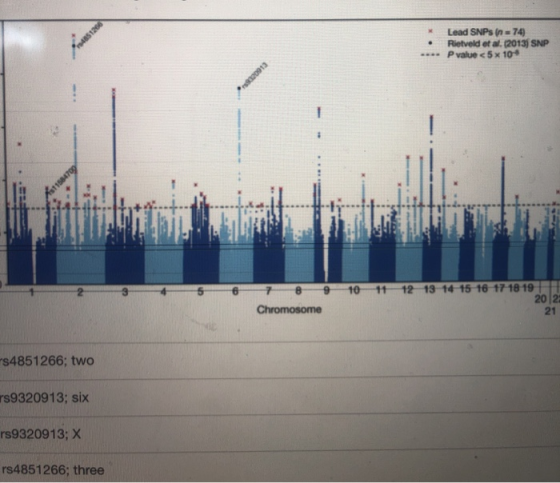 Lead SNPs (n=74) Rietveld et al. (2013) SNP ---- P value <5x10 10 11 12 13 14 15 16 17 18 19 9 Chromosome 2012 21 S4851266;