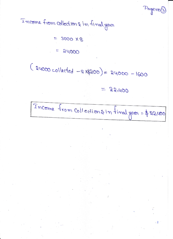 Pageno Income from collections in final year = 3000 X8 - 24000 ( 24000 collected -8 <$200) = 24000 - 1600 22,400 Income from