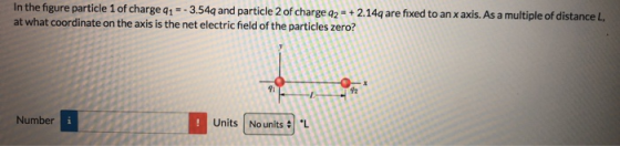 In the figure particle 1 of charge q1-3.54q and particle 2 of charge a2 +2.14q are fixed to an x axis. As a multiple of distance L, at what coordinate on the axis is the net electric field of the particles zero? Number Units | No units ·L