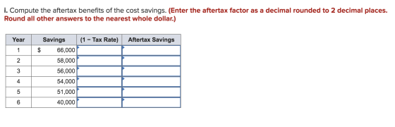 i. Compute the aftertax benefits of the cost savings. (Enter the aftertax factor as a decimal rounded to 2 decimal places. Ro
