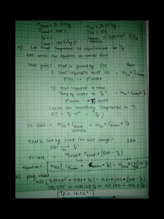 oºc a be Tf lits Heat gain ! Heat is gamed by Gain m * L fusion ice M Lead = 0. Glory Mee = 0.15 kg Teade Goo° c 3,33x105 I l