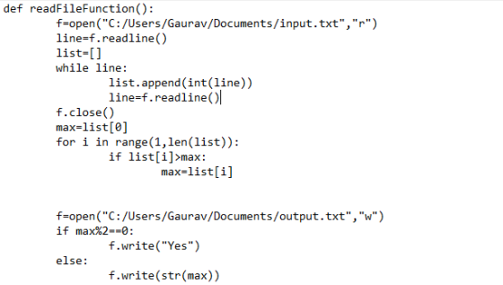 def readFileFunction(): f-open(C:/Users/Gaurav/Documents/input.txt,r) line=f.readline) list=[] while line: list.append(in