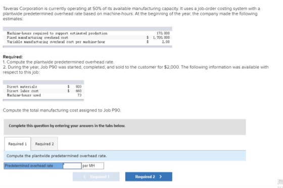 Taveras Corporation is currently operating at 50% of its available manufacturing capacity. It uses a job-order costing system