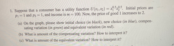1. Suppose that a consumer has a utility function U(x1,x2) = x0.5x0.5 . Initial prices are P1=1 and P2 = 1, and income is m 1