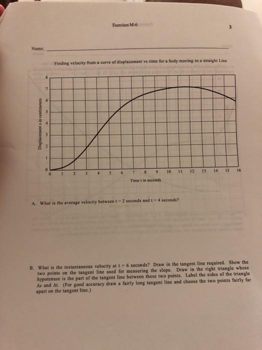 Exercises M-6 Name Finding velocity from a curve of displacement vs time for a body moving in a straight Line 0 1 2 3 4 5 6 1