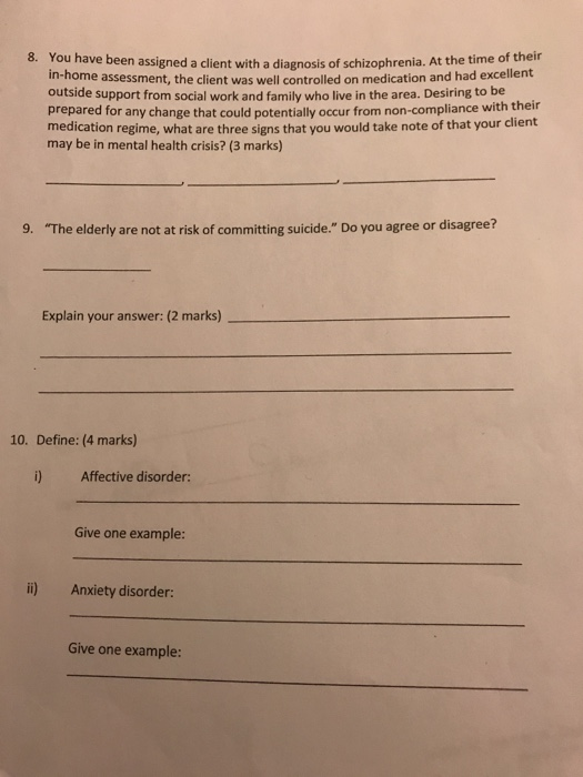 8. You have been assigned a client with a diagnosis of schizophrenia. At the time in-home assessment, the client was well con