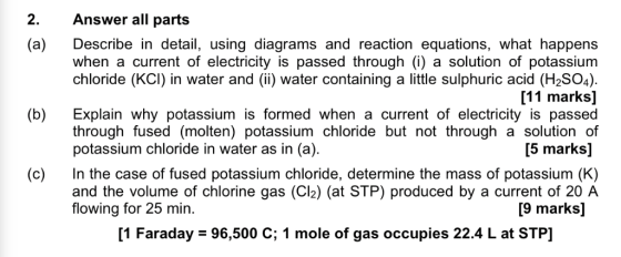 2. Answer all parts Describe in detail, using diagrams and reaction equations, what happens when a current of electricity is