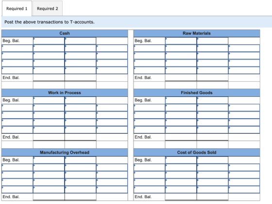 Required 1 Required 2 Post the above transactions to T-accounts. Cash Raw Materials Beg. Bal. Beg. Bal. End. Bal. End. Bal. W