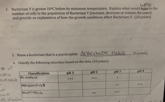 happen Bacterium Y is grown 10°C below its minimum temperature. Explain what would have to the number of cells in the populat
