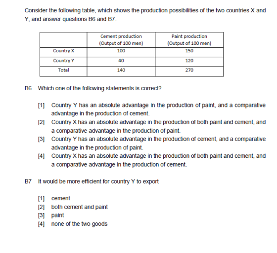 Consider the following table, which shows the production possibilities of the two countries X and Y, and answer questions B6 and B7 Cement production (Output of 100 men) 100 40 140 Paint production (Output of 100 men) CountryX Country Y Total 150 120 270 B6 Which one of the following statements is correct? [1 Country Y has an absolute advantage in the production of paint, and a comparative 2 Country X has an absolute advantage in the production of both paint and cement, and 3 Country Y has an absolute advantage in the production of cement, and a comparative 4] Country X has an absolute advantage in the production of both paint and cement, and advantage in the production of cement. a comparative advantage in the production of paint. advantage in the production of paint. a comparative advantage in the production of cement. B7 It would be more efficient for country Y to export [1] [2] [3] [4] cement both cement and paint paint none of the two goods