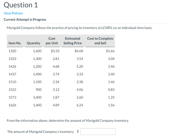 Question 1 View Policies Current Attempt in Progress Marigold Company follows the practice of pricing its inventory at LCNRV,