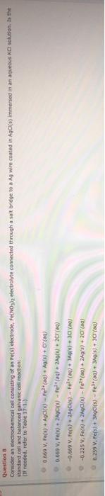 Questions Consider an electrochemical cell consisting of an Fe(s) electrode, Fe(NO3)2 electrolyte connected through a salt br