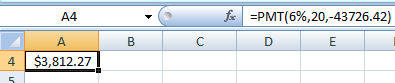 A4 6 A contok 20. 70 foc =PMT(6%,20,-43726.42) 4 $3,812.27