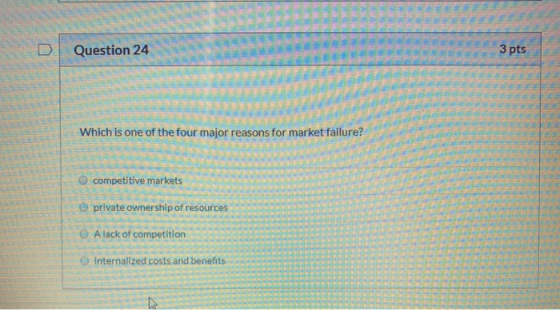 D Question 24 3 pts Which is one of the four major reasons for market failure? competitive markets private ownership of resou