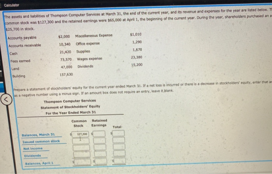 Calculator The assets and liabilities of Thompson Computer Services at March 31, the end of the current year, and its revenue