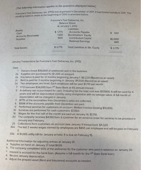 IThe following information applles to the questions displayed below. Francines Fast Deliveries, Inc. (FFD) was organized in