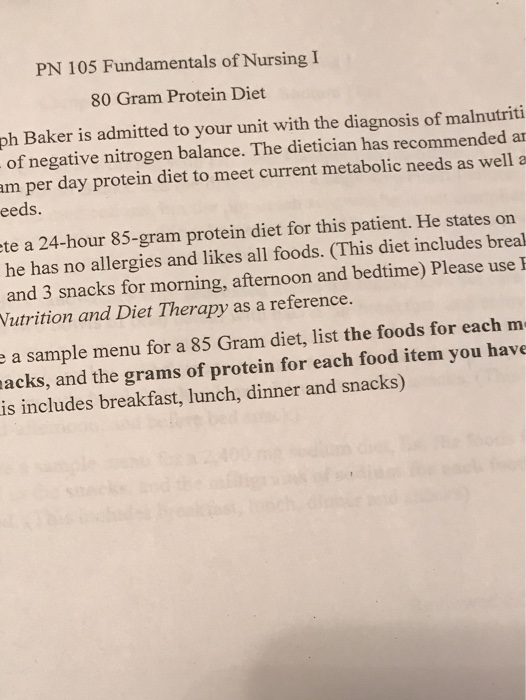 PN 105 Fundamentals of Nursing I 80 Gram Protein Diet ph Baker is admitted to your unit with the diagnosis of malnutriti of n