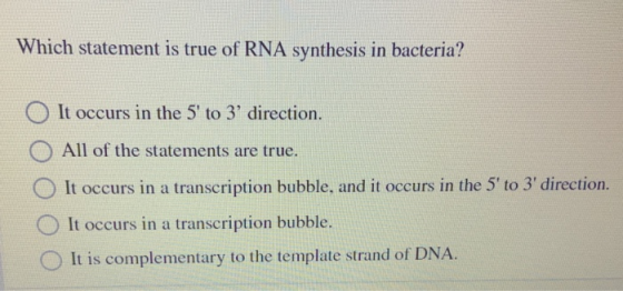 Which statement is true of RNA synthesis in bacteria? O O O It occurs in the S to 3 direction. All of the statements are tr