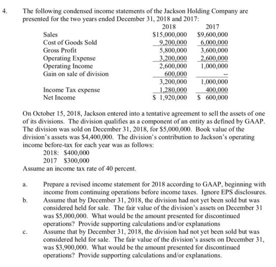 The following condensed income statements of the Jackson Holding Company are presented for the two years ended December 31, 2018 and 2017: 4 2018 2017 Sales Cost of Goods Sold Gross Profit Operating Expense Operating Income Gain on sale of division $15,000,000 $9,600,000 9.200,000 6,000,000 5,800,0003,600,000 200,000 2,600,000 2,600,000 1,000,000 600,000 Income Tax expense Net Income 3,200,0001,000,000 1,280,000 400,000 S1,920,000 $ 600,000 On October 15, 2018, Jackson entered into a tentative agreement to sell the assets of one of its divisions. The division qualifies as a component of an entity as defined by GAAP. The division was sold on December 31, 2018, for $5,000,000. Book value of the divisions assets was $4,400,000. The divisions contribution to Jacksons operating income before-tax for each year was as follows: 2018: $400,000 2017 S300,000 Assume an income tax rate of 40 percent Prepare a revised income statement for 2018 according to GAAP, beginning with income from continuing operations before income taxes. Ignore EPS disclosures Assume that by December 31, 2018, the division had not yet been sold but was considered held for sale. The fair value of the divisions assets on December 31 was $5,000,000. What would be the amount presented for discontinued operations? Provide supporting calculations and/or explanations Assume that by December 31, 2018, the division had not yet been sold but was considered held for sale. The fair value of the divisions assets on December 31, was $3,900,000. What would be the amount presented for discontinued operations? Provide supporting calculations and/or explanations