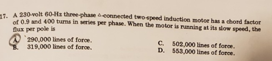 1980-volt 60-Hz three-phase a connected two-speed induction motor has a chord factor of 0.9 and 400 turns in series per phase