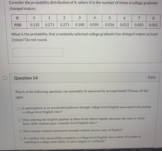 Consider the probability distribution of X, where X is the number of times a college graduate changed majors. X 0 1 2 3 4 5 6