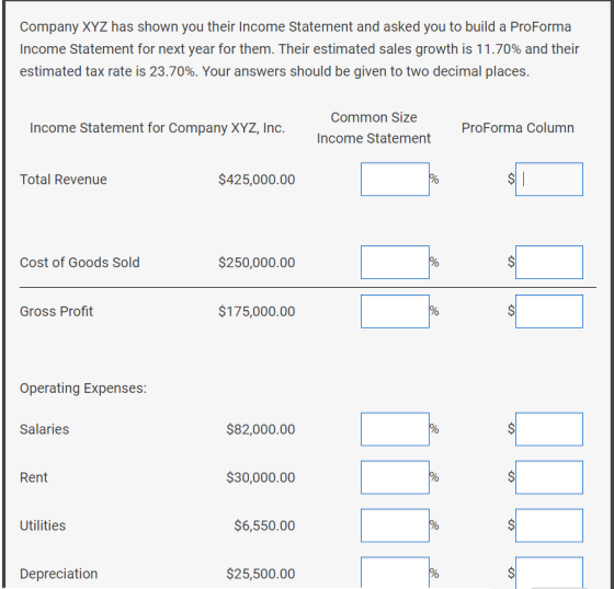 Company XYZ has shown you their Income Statement and asked you to build a ProForma Income Statement for next year for them. Their estimated sales growth is 1 1 .70% and their estimated tax rate is 23.70%. Your answers should be given to two decimal places. Common Size Income Statement Income Statement for Company XYZ, Inc. ProForma Column Total Revenue $425,000.00 Cost of Goods Sold $250,000.00 Gross Profit $175,000.00 Operating Expenses Salaries $82,000.00 30,000.00 Utilities $6,550.00 Depreciation $25,500.00