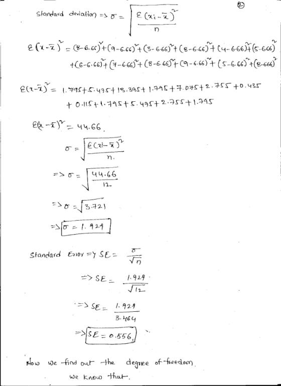 Shandard deviation, σ- 1 e C%--) 12- >SE 929 3. 1161 >>|SE = 0.556, Now we find our the degree of-faede๓ We knouo