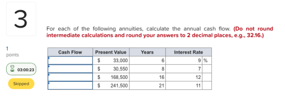 3 For each of the following annuities, calculate the annual cash flow. (Do not round intermediate calculations and round your