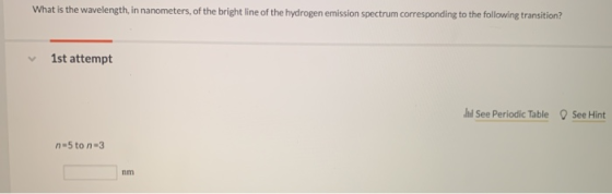 What is the wavelength, in nanometers of the bright line of the hydrogen emission spectrum corresponding to the following tra