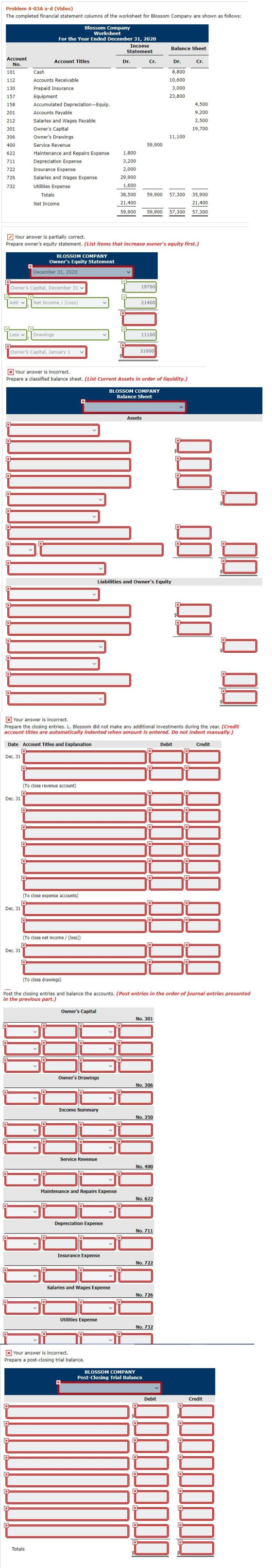 Problem 4-03A a-d (Video) The completed financial statement columns of the worksheet for Blossom Company are shown as follows