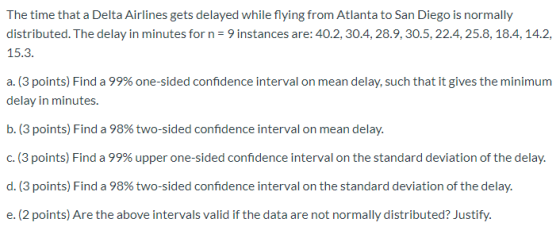 The time that a Delta Airlines gets delayed while flying from Atlanta to San Diego is normally distributed. The delay in minu