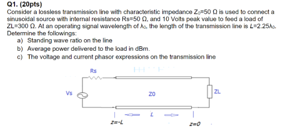 Q1. (20pts) Consider a lossless transmission line with characteristic impedance Zo=50 Q is used to connect a sinusoidal sourc