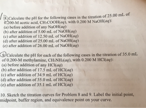(8. Calculate the pH for the following cases in the titration of 25.00 ml 01 0.200-M acetic acid, CH3COOH(aq), with 0.200 M N