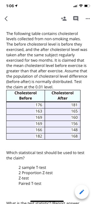 1:06 1 . < The following table contains cholesterol levels collected from non-smoking males. The before cholesterol level is
